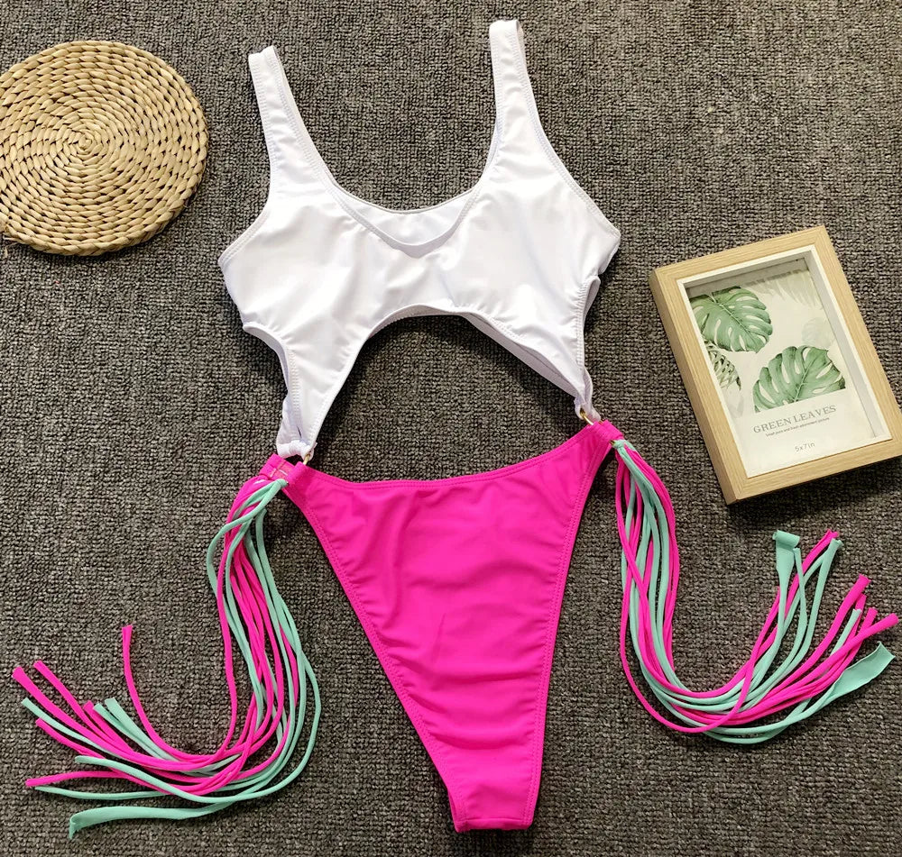 DEKA Long Tassel One Piece Swimwear Hollow Out Women Backless Swimming Suit Cut Out Halter Cross Swimsuit Female Beachwe Bathing