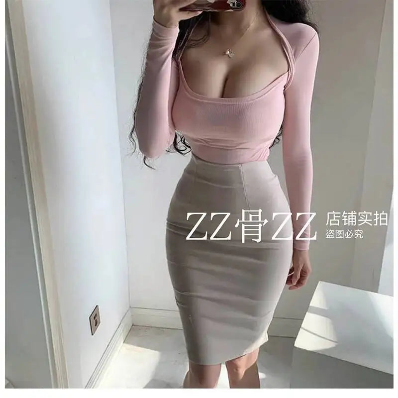 WOMENGAGA Mid Length Skirt For Elegance Apricot Slim Mini Dress Sweet Sexy Korean Women 2023 Skirts High Waist Fashion HGR0
