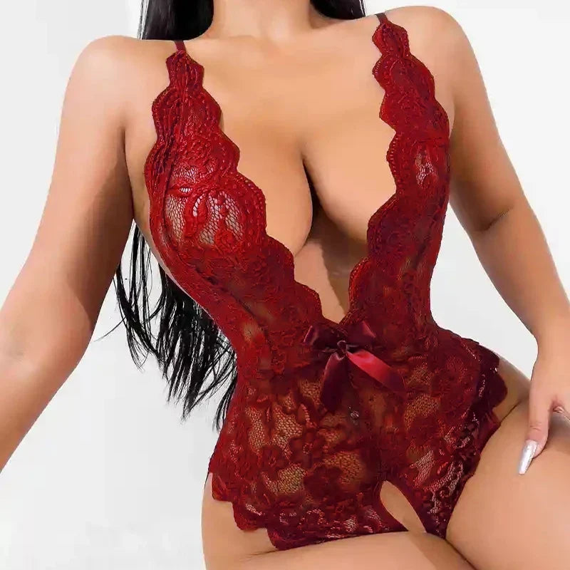 Sexy Crotchless White Lingerie Lace Hollow Bodysuit Erotic Costumes Teddy Babydoll Dress Deep V Open Bra Porn Women's Underwear