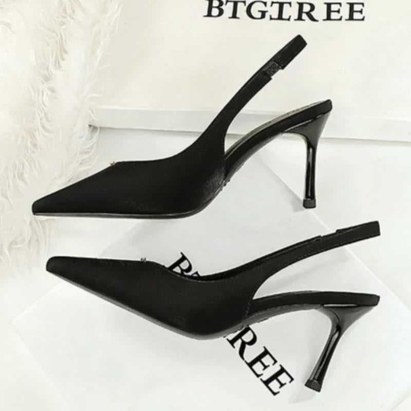 BIGTREE Shoes Sweet Metal Decoration Women Pumps Pointed High Heels silks satins heeled Sandals Women Summer Shoes Stiletto 8 cm