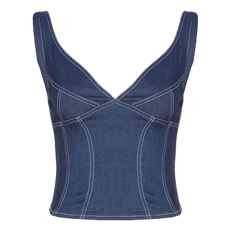 2026 Street style stretch imitation denim camisole V-neck slim fit versatile hot girl top