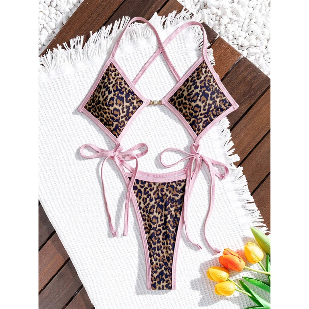 S - XL Leopard Extreme String Mini Micro Thong One Piece Swimsuit Women Swimwear Female Padded Bather Bathing Suit Swim K7067