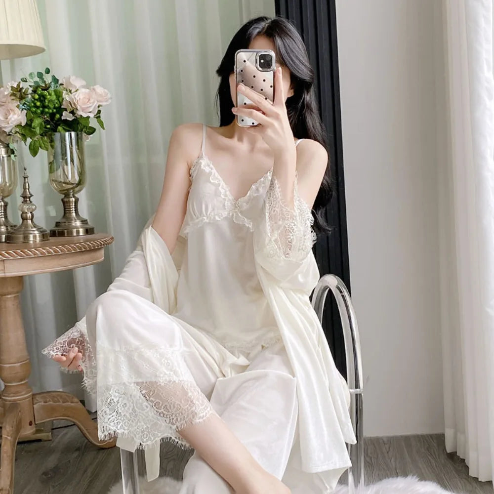 Gold velvet three-piece pajamas set, autumn and winter lace nightgown, sexy home wear with chest pad