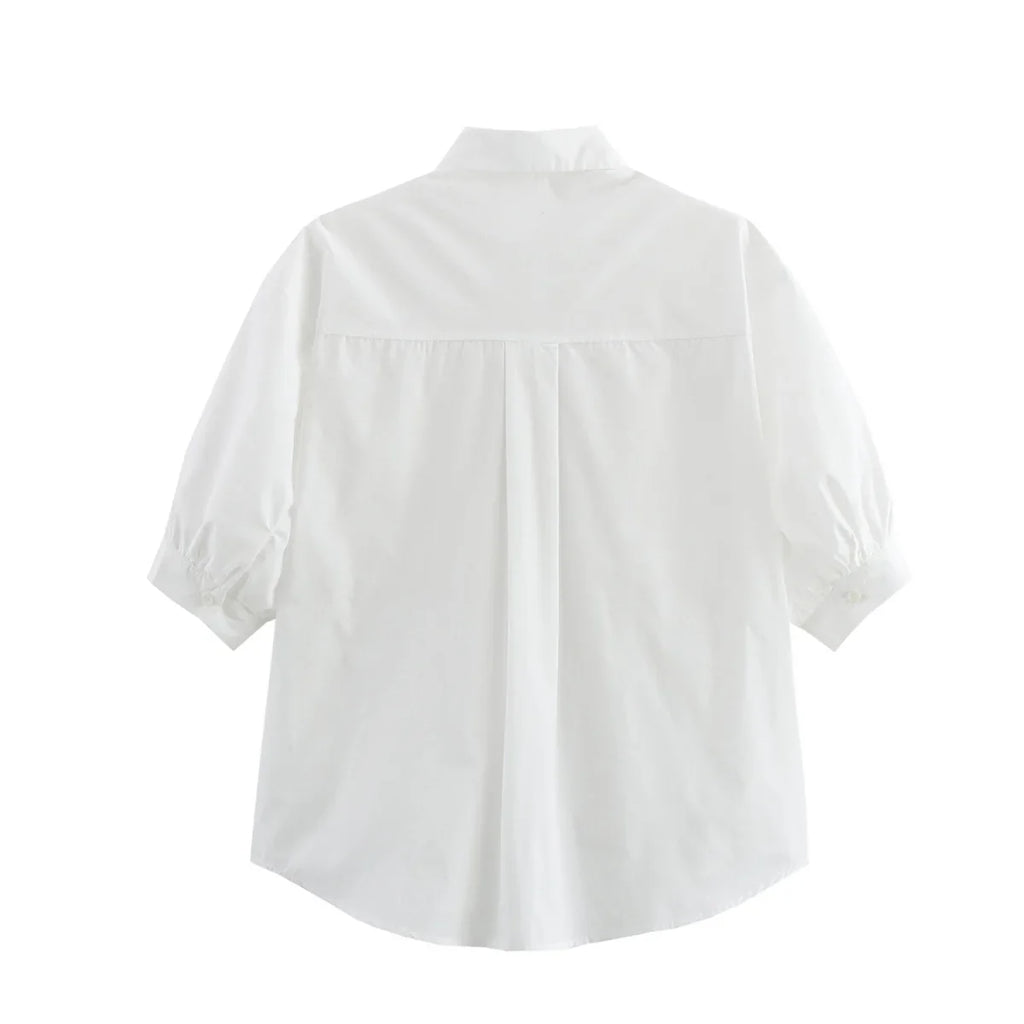 Women's Fashion Casual White Short Sleeve Shirt White Cotton Button Shirt Lapel Collar Half Sleeve Loose Fit Casual Blouse 8GDK