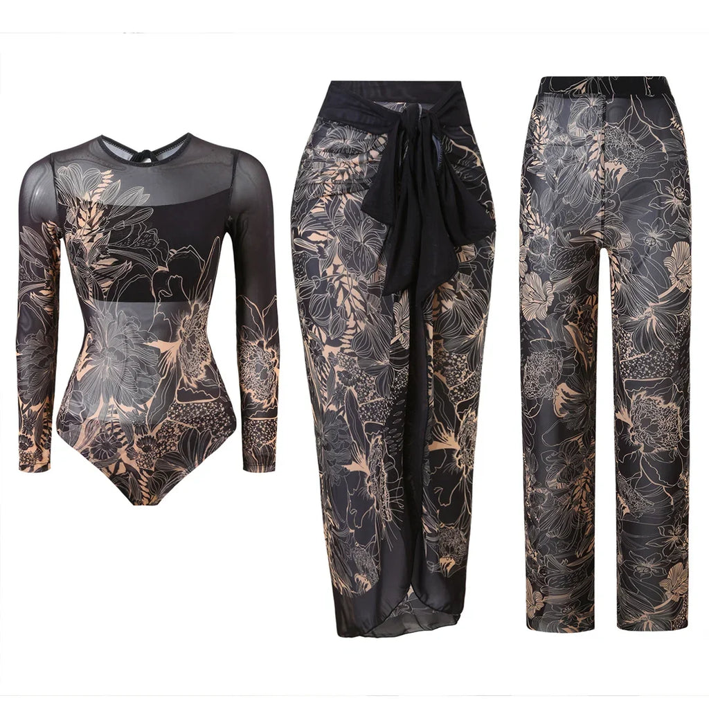 S - XXL 3PCS New Printed Long Sleeve With Pants Sarong Women Swimwear One Piece Swimsuit Female Bather Bathing Suit Swim K7180