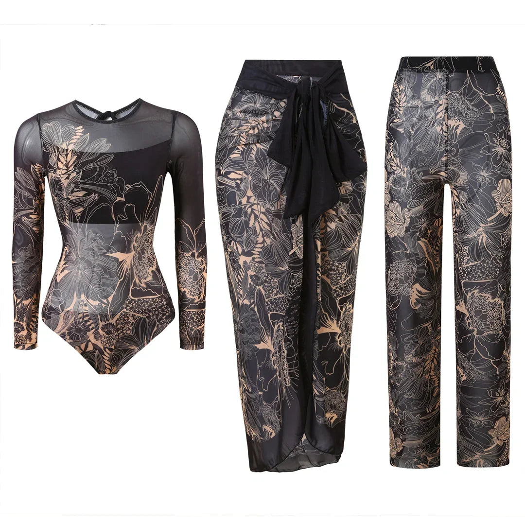 S - XXL 3PCS New Printed Long Sleeve With Pants Sarong Women Swimwear One Piece Swimsuit Female Bather Bathing Suit Swim K7180