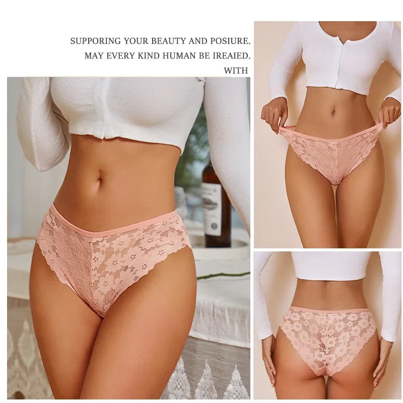 3Pcs Lace Sexy Transparent Panty Women's Panties Sexy Breathable Pink-Brown Series Underwear Female Low Waist Soild Lingerie