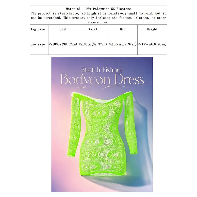 Women Sheer Mesh Long Sleeve Beach Cover Up, Sexy See-Through Fishnet Dress, Solid Bodycon  For Summer Beach Party
