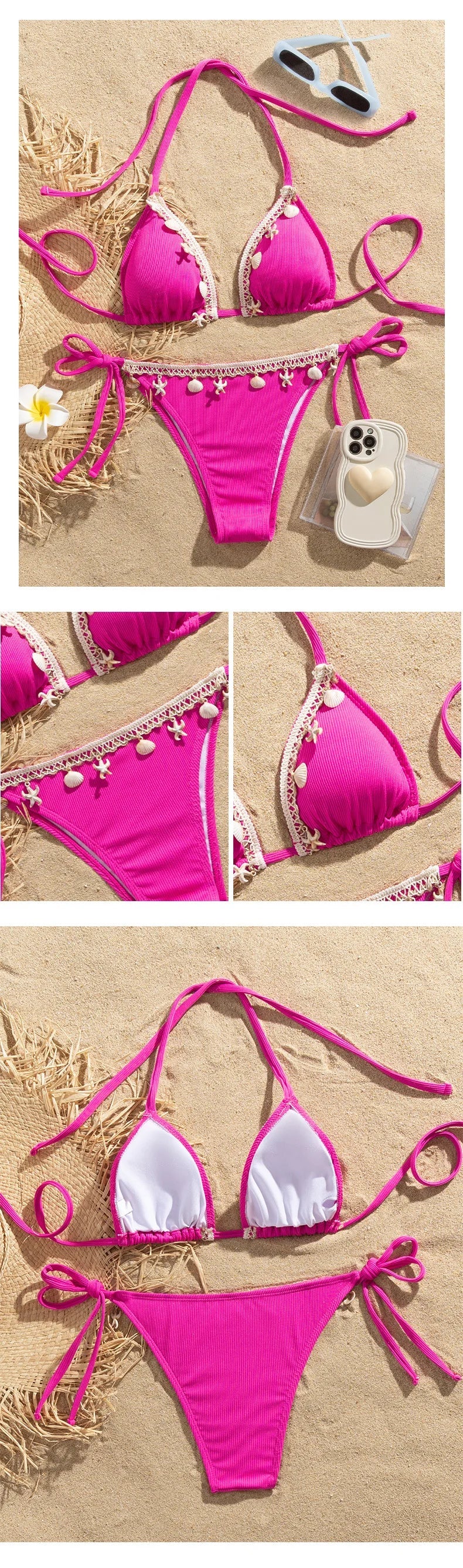 Shell Decoration Halter String Strappy Bikini Women Swimwear Female Swimsuit Two-pieces Bikini Set Ribbed Bathing Suit Swim Lady