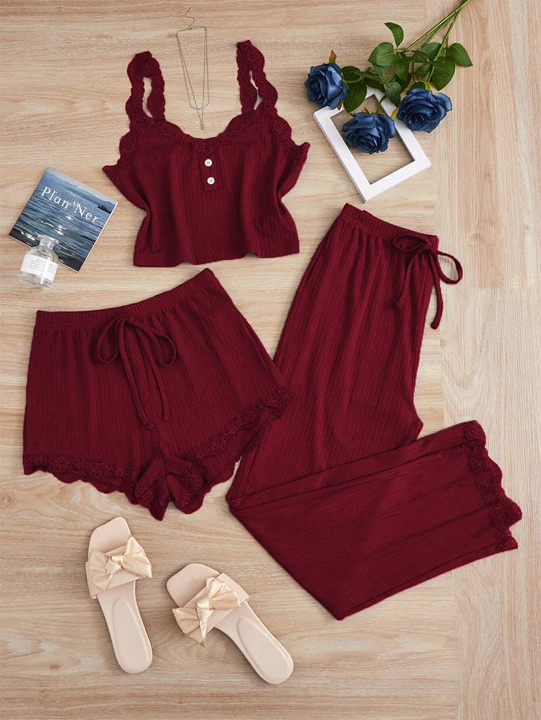 3PCS Pajamas Set for Women Sleepwear Solid Vest Shorts and Pants Paired with Lace Splicing for Homewear Loungewear