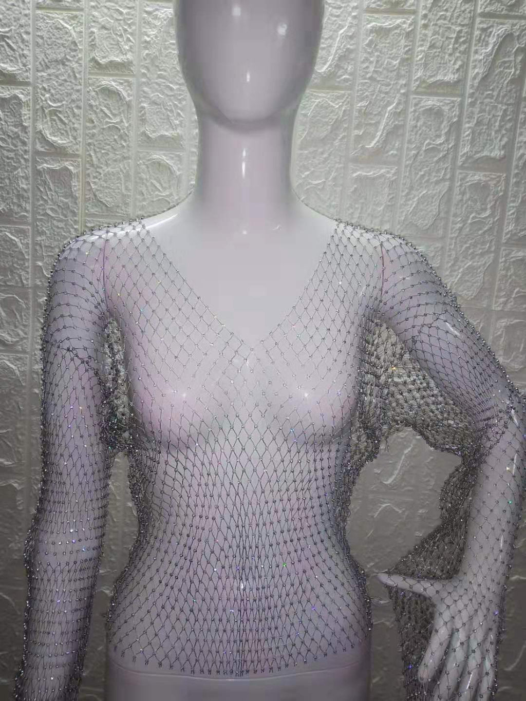 Women Rhinestone Fishnet T-shirt Solid Color Long Sleeve Crop Tops See Through Hollow Out Sexy Shirts Female Smock Tops
