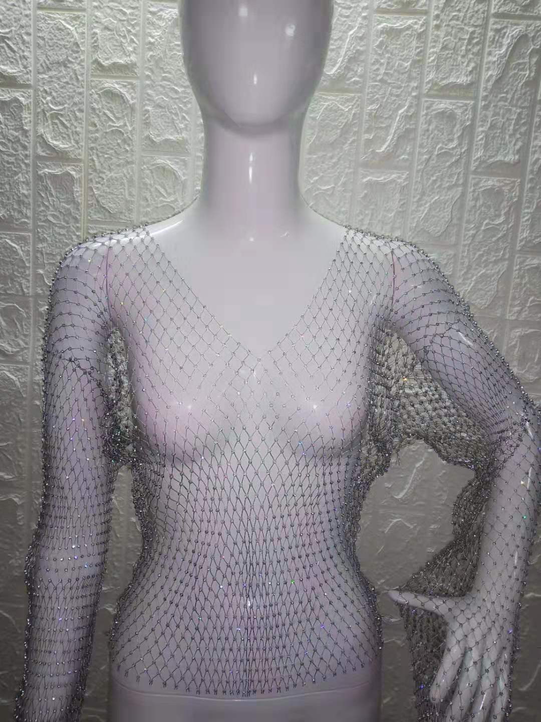 Women Rhinestone Fishnet T-shirt Solid Color Long Sleeve Crop Tops See Through Hollow Out Sexy Shirts Female Smock Tops