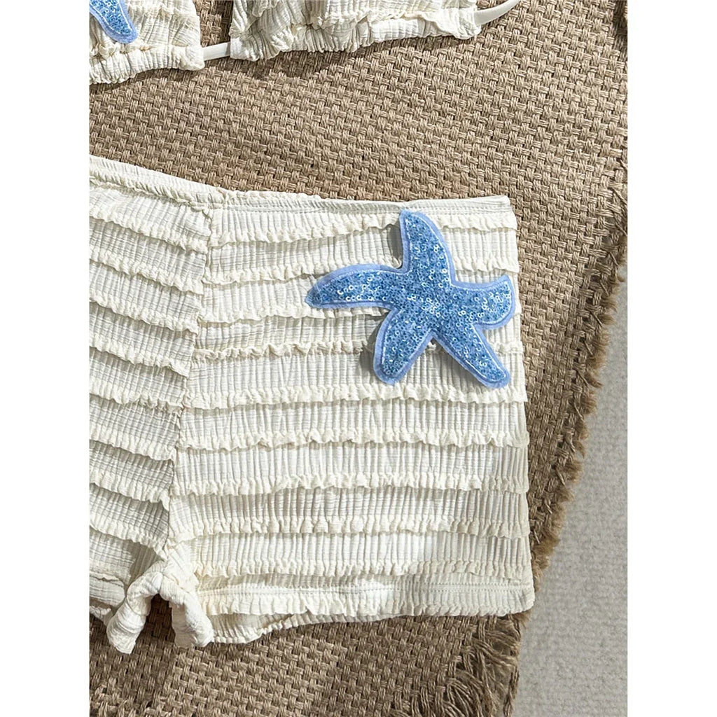 Sequins Starfish Halter High Waist Bikini Female Swimsuit Women Swimwear Two-Pieces Bikini Set Bather Bathing Suit Swim V8215