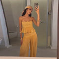 Women Pant Set Sheer Layers Spaghetti Strap Backless Lace Top Straps Solid Loose Straight Elastic Hem Fashion Beach Chic Suits