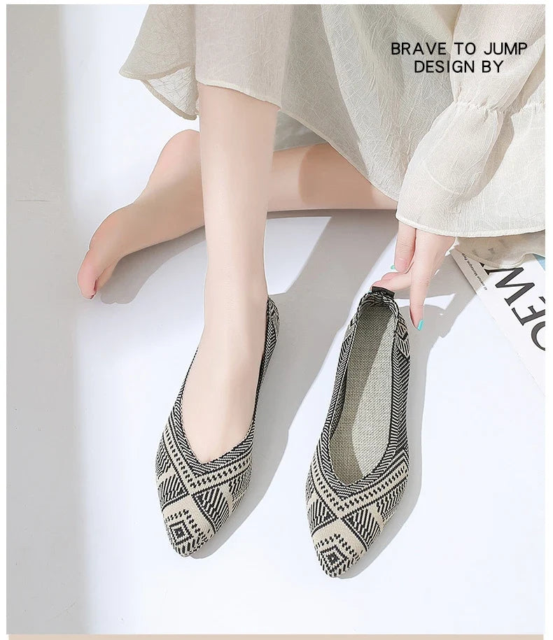 Elegant Leopard Knitted Ballet Flats Woman Pointed Toe Mesh Moccasins Ladies Fashion Walking Loafers Slip-on Soft Driving Shoes