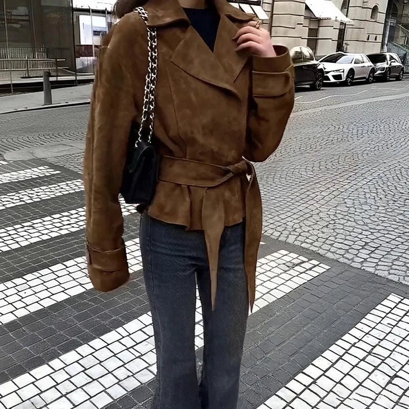 Phantasy Fashion Vintage Belt-Down Jacket Autumn Winter V-Neck Commuter Brown Suit Casual Style High-End Women's Clothing 2025