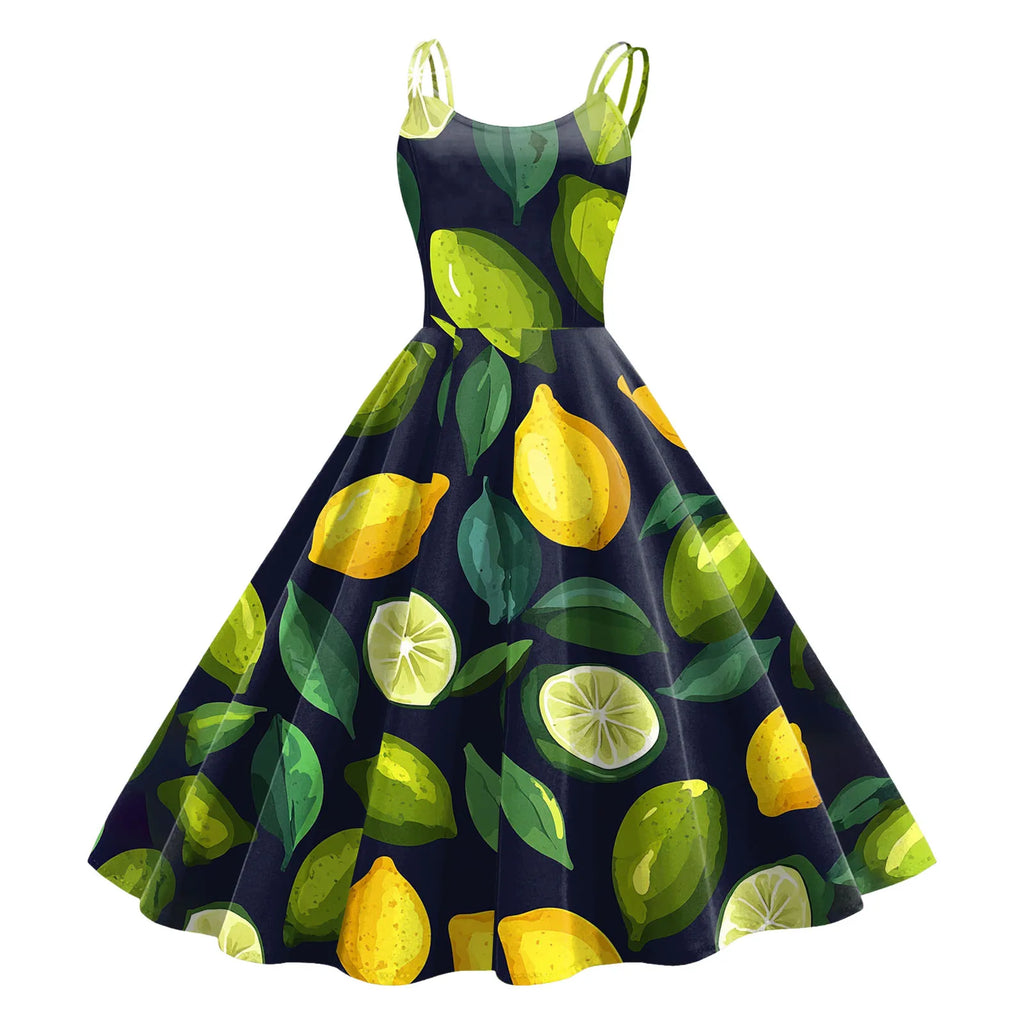 Retro Rockability Party Prom Dresses For Women Vintage Fashion Fruit Print Sleeveless A Line Dress Elegant Summer Evening Dress