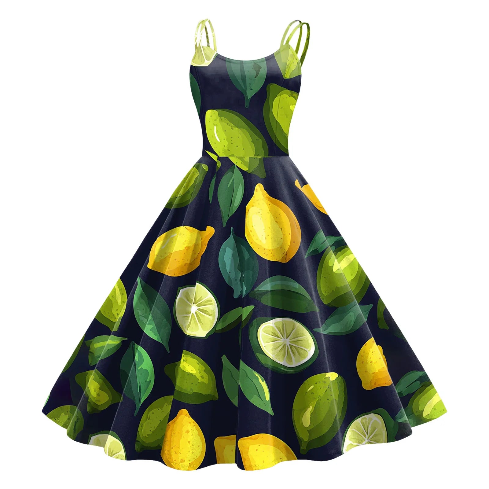 Retro Rockability Party Prom Dresses For Women Vintage Fashion Fruit Print Sleeveless A Line Dress Elegant Summer Evening Dress