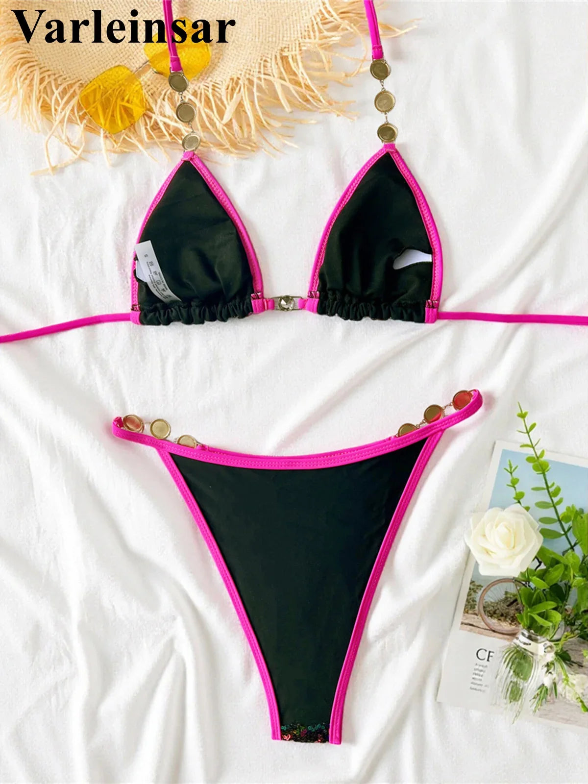 S - XL New Sequins Rhinestones Halter Bikini Female Swimsuit Women Swimwear Two-Pieces Bikini Set Bather Bathing Suit Swim V8359