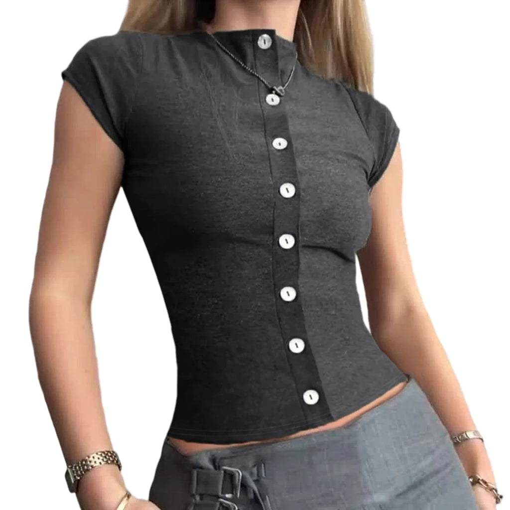 Women's Summer Casual Slim Fit Basic Tops Short Sleeve Round Neck Solid Color Button Up T-shirts