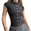 Women's Summer Casual Slim Fit Basic Tops Short Sleeve Round Neck Solid Color Button Up T-shirts