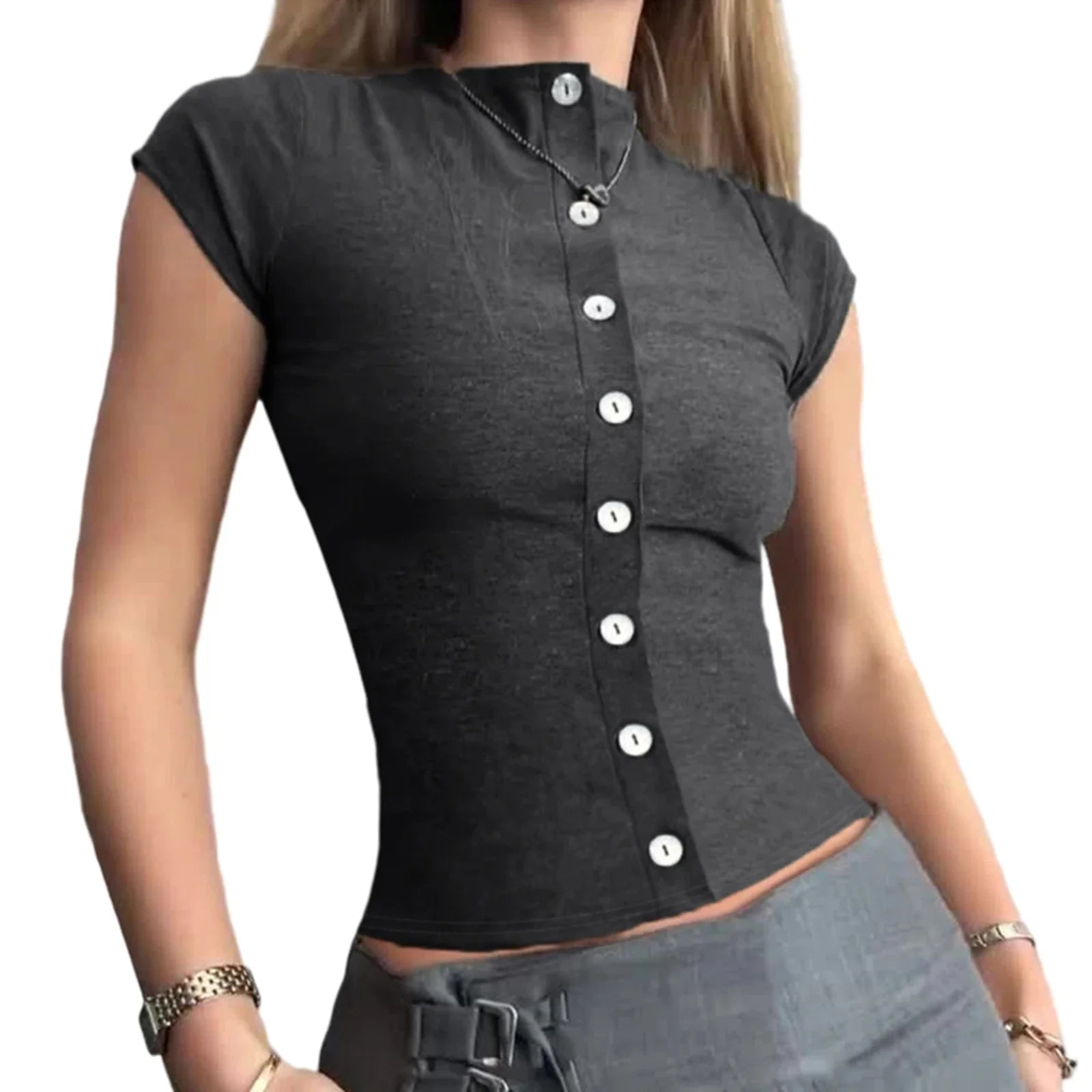 Women's Summer Casual Slim Fit Basic Tops Short Sleeve Round Neck Solid Color Button Up T-shirts