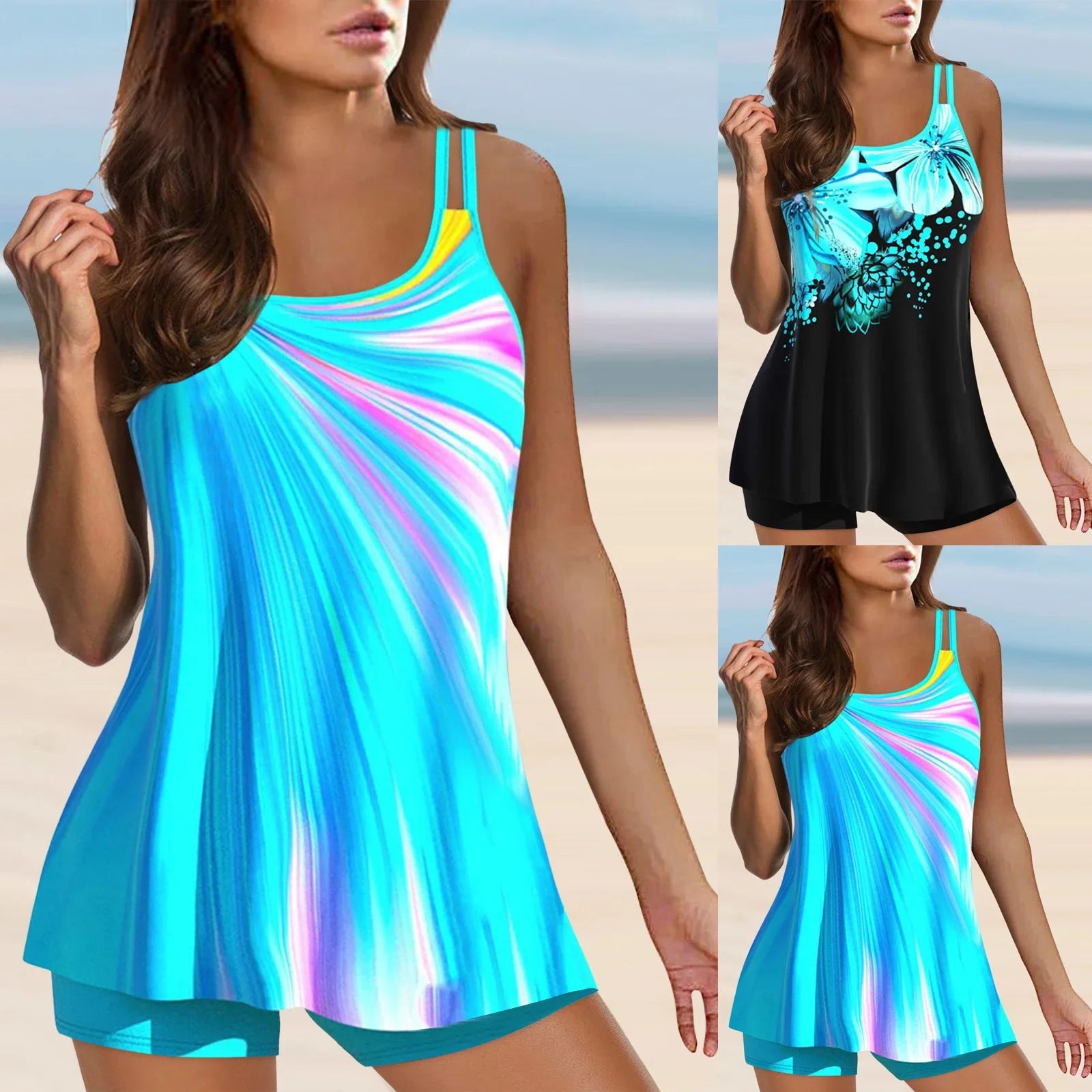 Plus Size Vintage Print Tankini Set Two Piece Swimdress Panty Bathing Suit Beachwear Beach Swimwear Retro Summer Swimsuit New