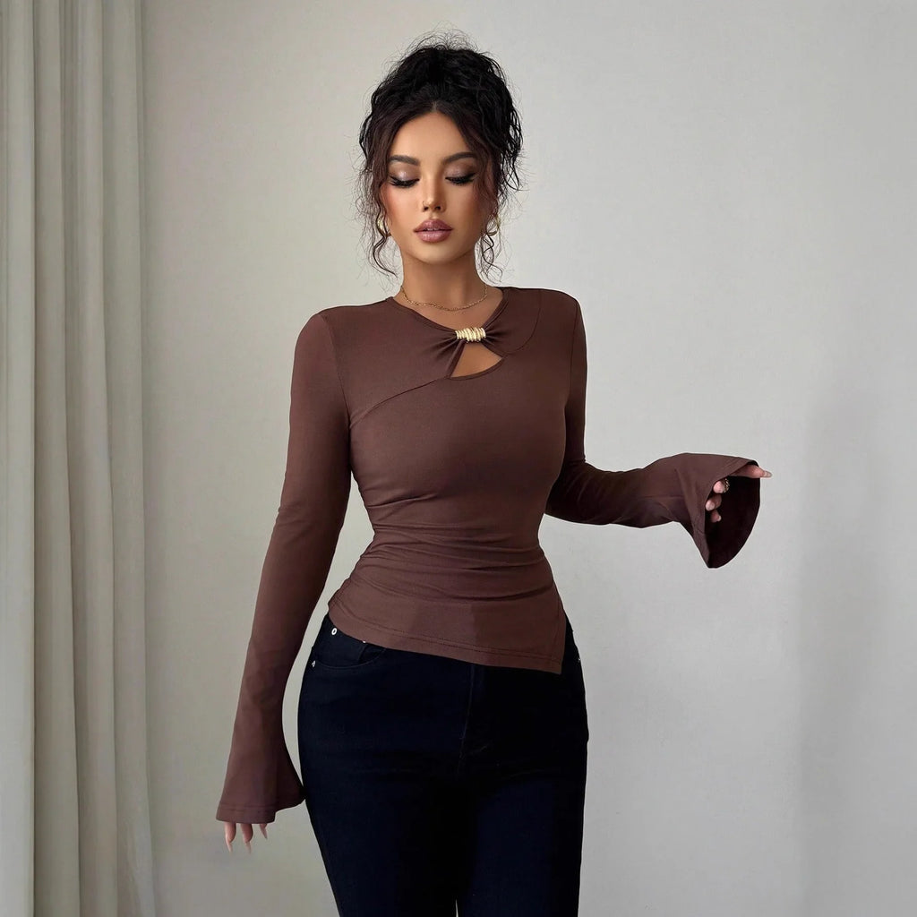 Autumn and winter inner asymmetrical hollow metal decoration slim fit daily outer top