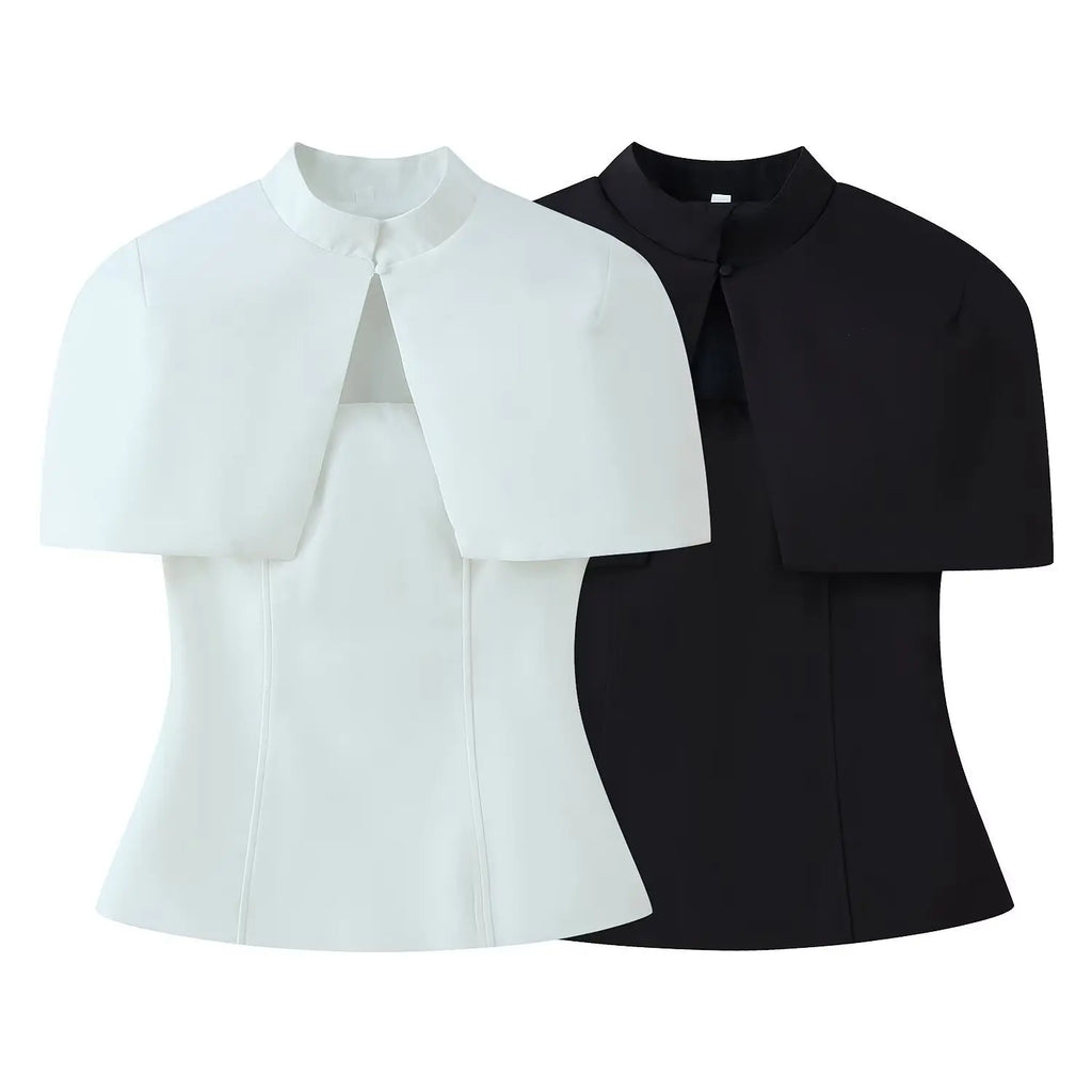 Women's Fashion Casual Shawl-Style Waist-Cinching Top Solid Color For Woman Elegant Cape Sleeve Top For Women White Black 81FF