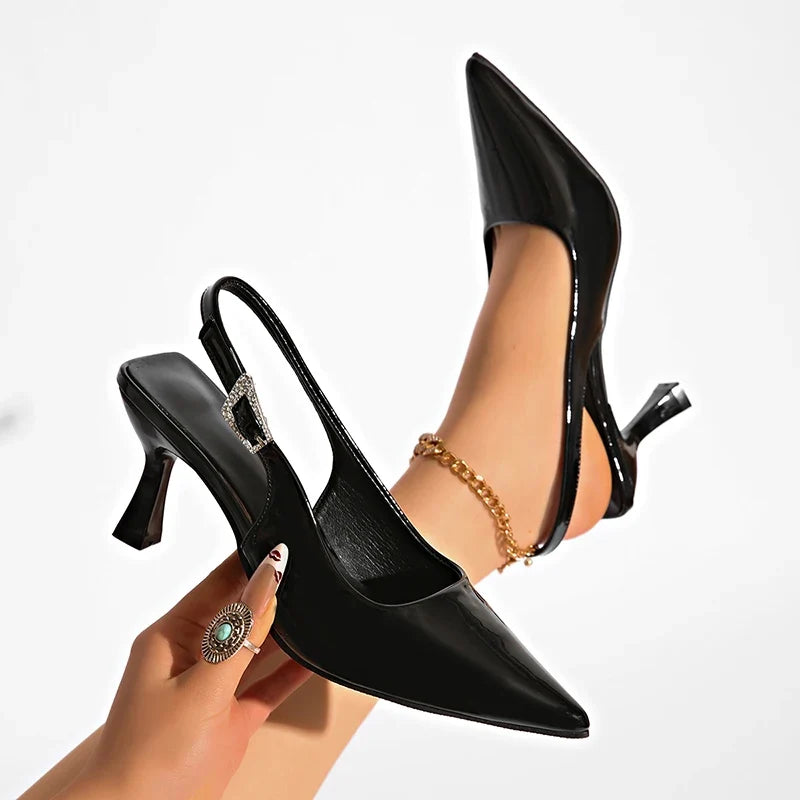 Sexy Black Pointed Toe Stiletto Heel Sandals Women Elegant Crystal Buckle High Heels Dress Shoes Woman Back Strap Mules Shoes