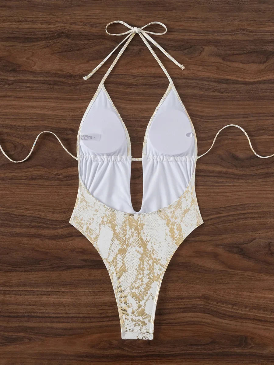 Snake Skin Halter Deep V Neck One Piece Swimsuit Women Swimwear Female High Cut Monokini Backless Bathing Suit Swim Beachwear