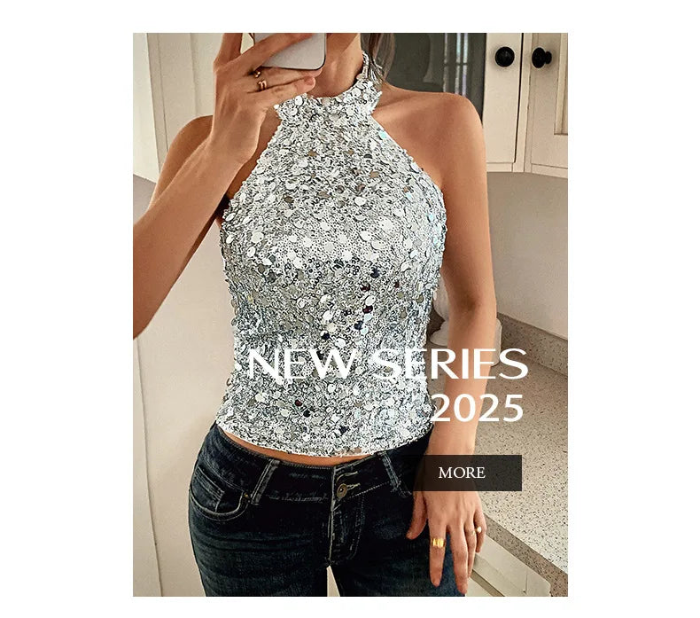 Phantasy Elegant Temperament Neck Sequin Camisole Women T-shirt Sexy Sleeveless Tank Top Female Clothes Tops 2025 Summer