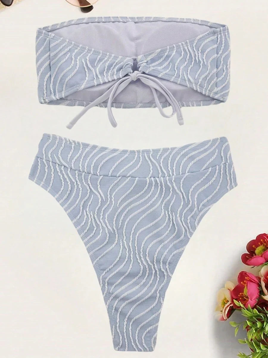 Snake Printed Female Bandeau Swimsuit High Waist Bikini 2025 Women Swimwear Bikini Set Wave Striped Bathing Suit Swim Beachwear