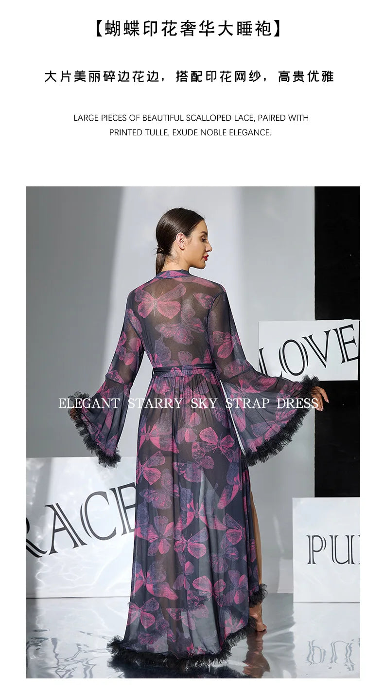 2026 New Women Elegant Butterfly Print Mesh Robe Big Flare Sleeve Lace Up Tassel Fringe High Slit Bathrobe Loungewear