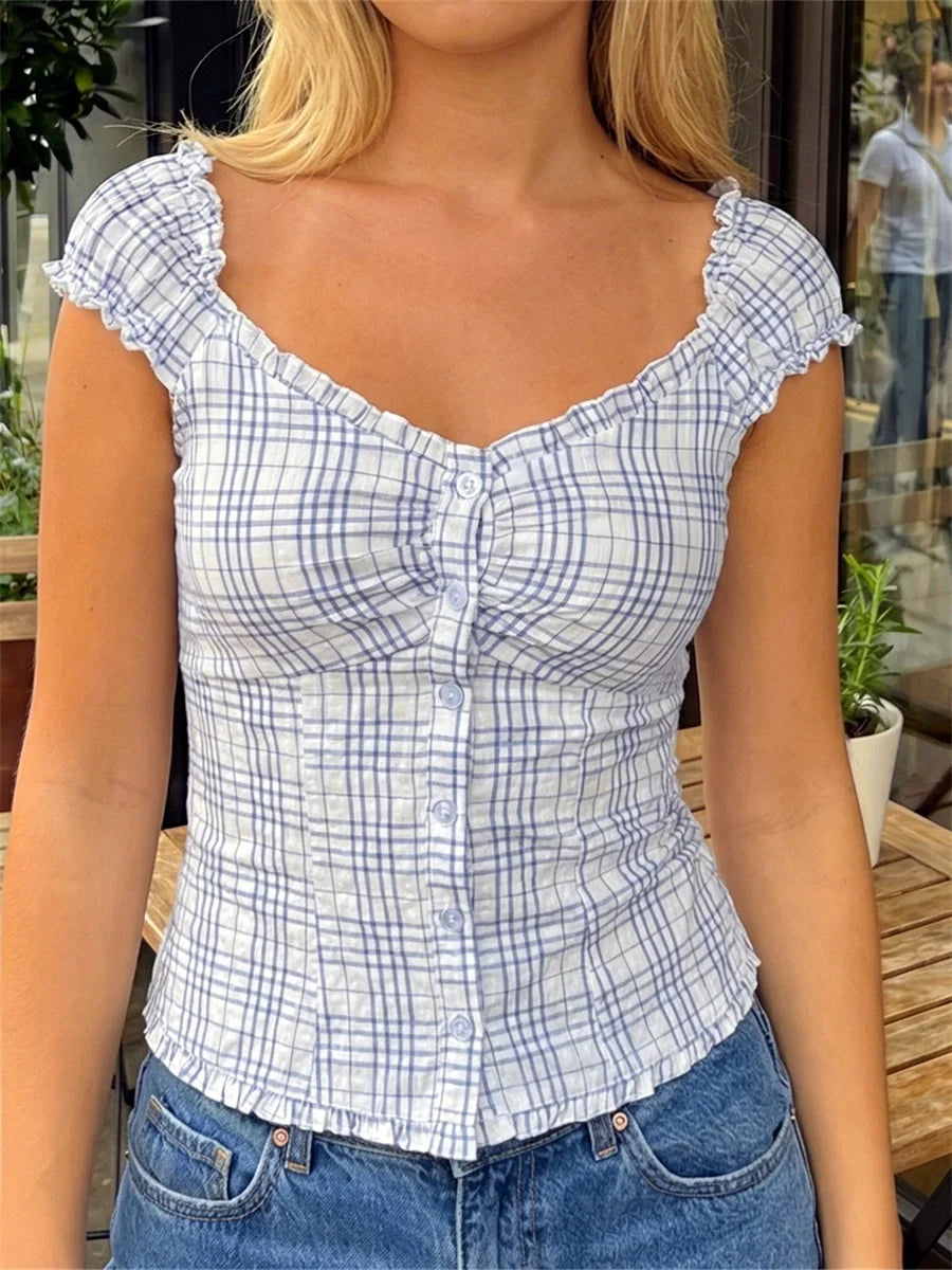 Women Summer Tops and Blouse Short Sleeve Square Neck Button Down Shirts Y2K Retro Casual Daily Streetwear