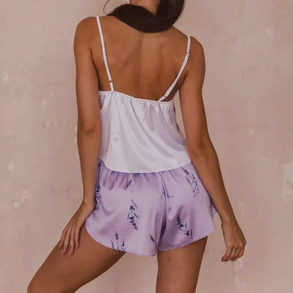 Women's Summer Sexy Pajama Shorts Set 3 Pieces Lace Satin With Silk Sleepwear Robe Fashion And Comfortable Print Nightwear