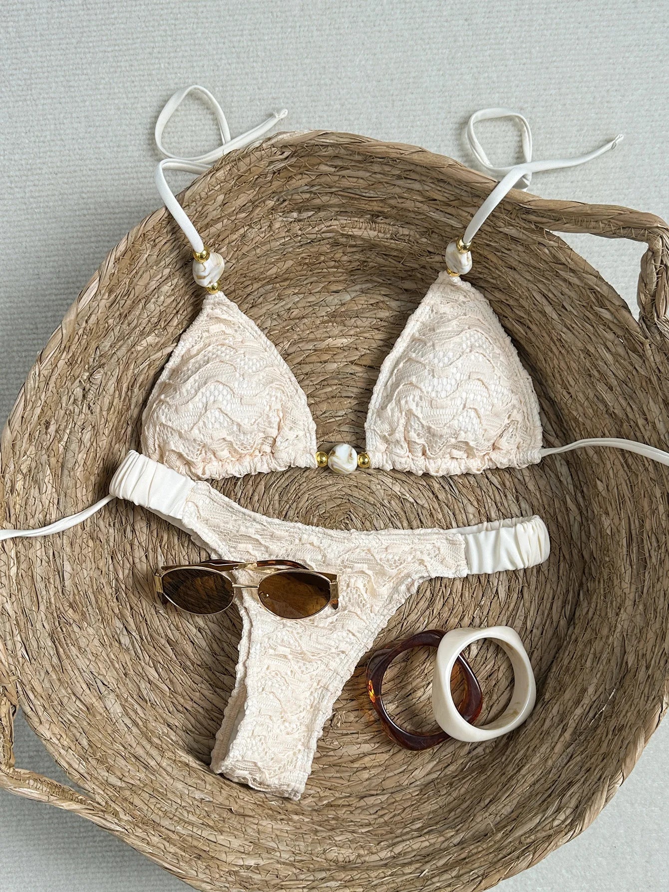 2026 Wrinkled Crinkled Halter Beads Bikini Women Swimwear Female Swimsuit Two-pieces Bikini Set Bather Bathing Suit Swim Lady