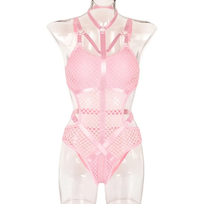 Toucheart Erotic Halter Bodysuit Large Mesh Splicing Andheavy Craftsmanship Women Hollow Seductive Intimate Hot Private Bodysuit