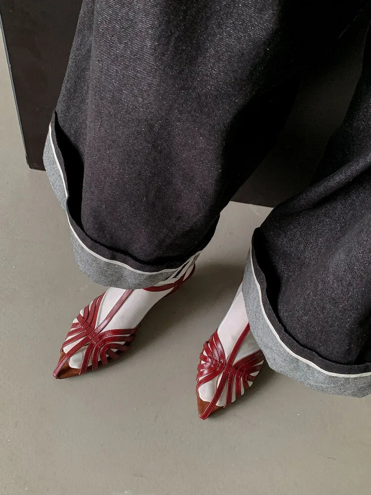 NASBAVI Designer Sandals Women Shoes Narrow Band Sexy Sandals Kitten Heels Pointed Toe Ladies Concise Footwear Summer Red Shoes