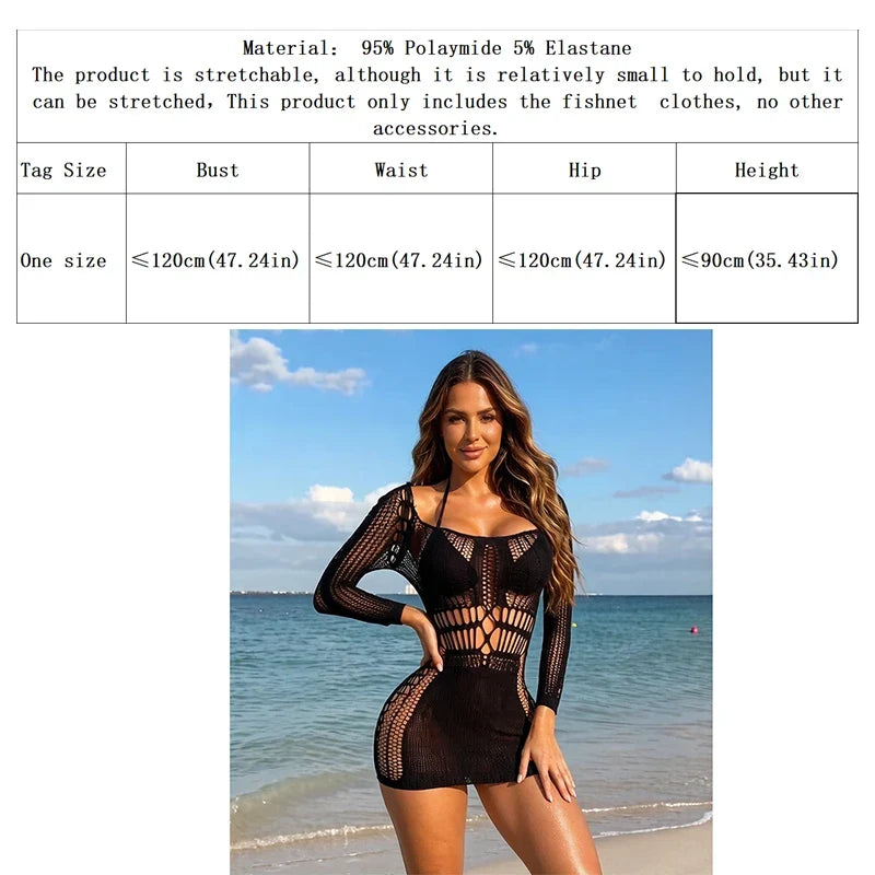 Women Sheer Mesh Long Sleeve Beach Cover Up, Sexy See-Through Fishnet Dress, Solid Bodycon Dress For Summer Beach Party