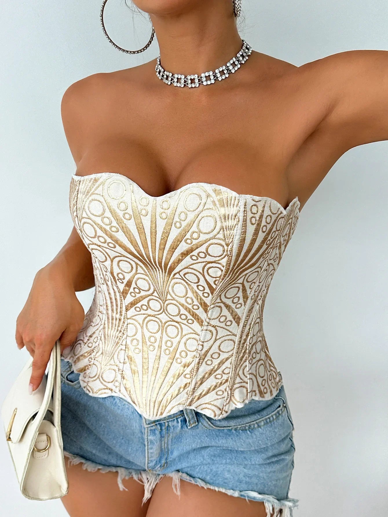 Hollow Irregular Sequin Double Layer Corset Court Style Waist Cincher Mesh Breathable Sexy Tube Casaul Pure Desire Top V466