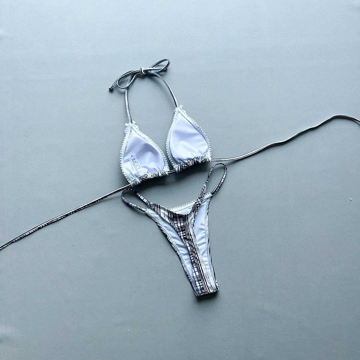 New 2026 Women's Micro Bikini Set Plaid Print Neck Lace-up Backless Biquini Beachwear Sexy Push Up Thong Low Waist  Bathing Suit