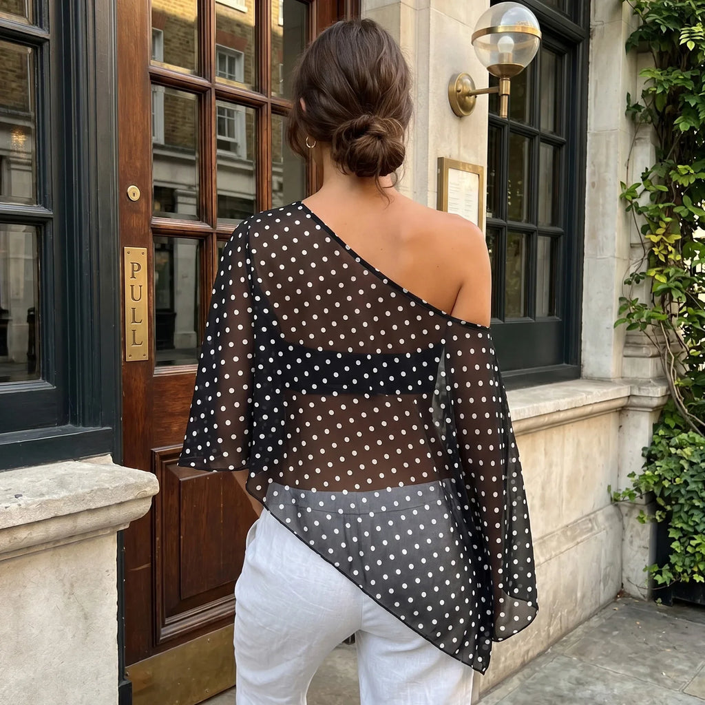 Women's Summer Off Shoulder Chiffon Poncho Tops Dot Print Sheer Asymmetrical Cover-up for Party