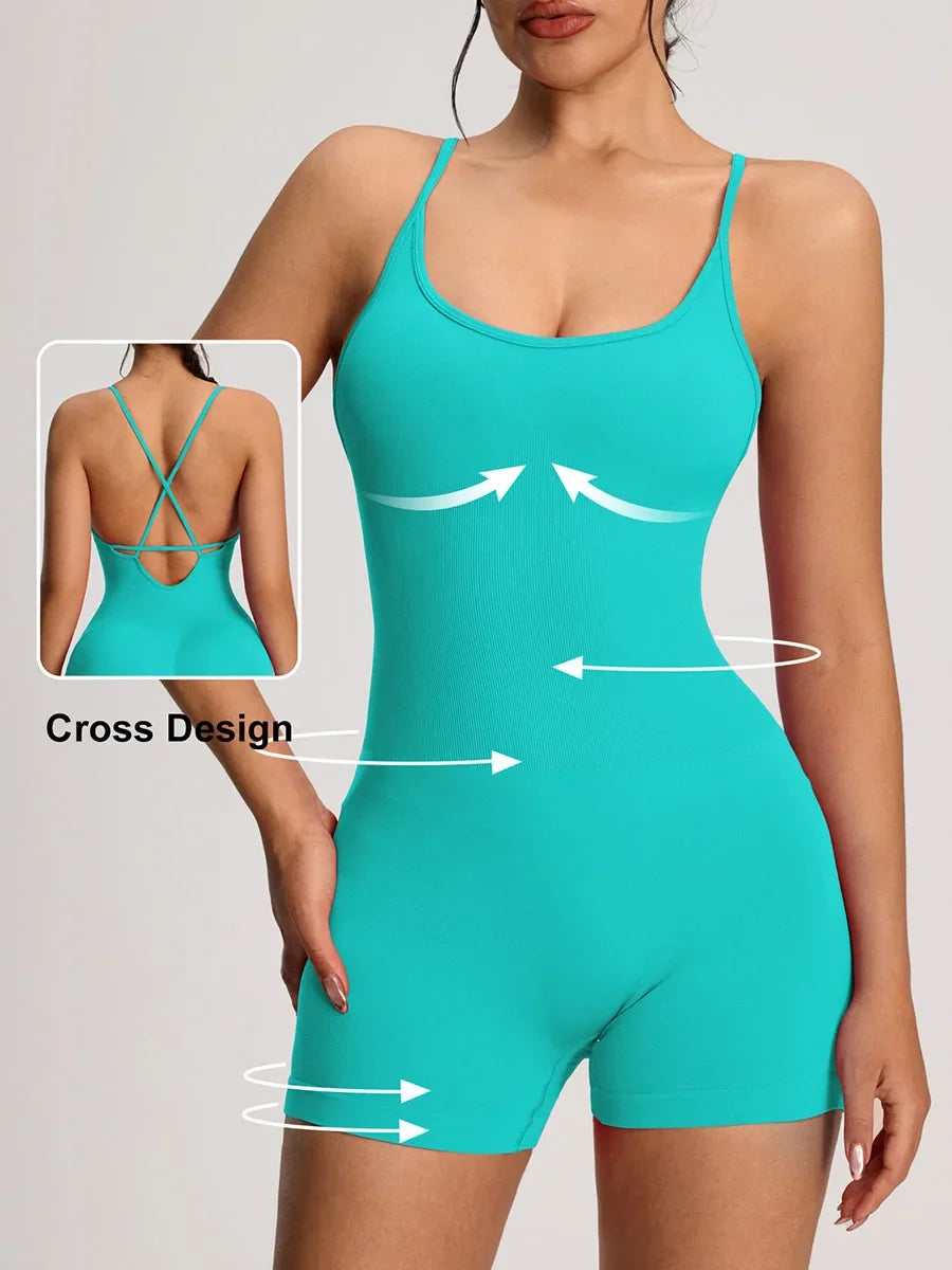 Backless Women's Bodysuit Yoga Combi-pants Shorts Jumpsuits Gym-to-Street Overalls Summer Fitness Jumpsuit for Gym Rompers