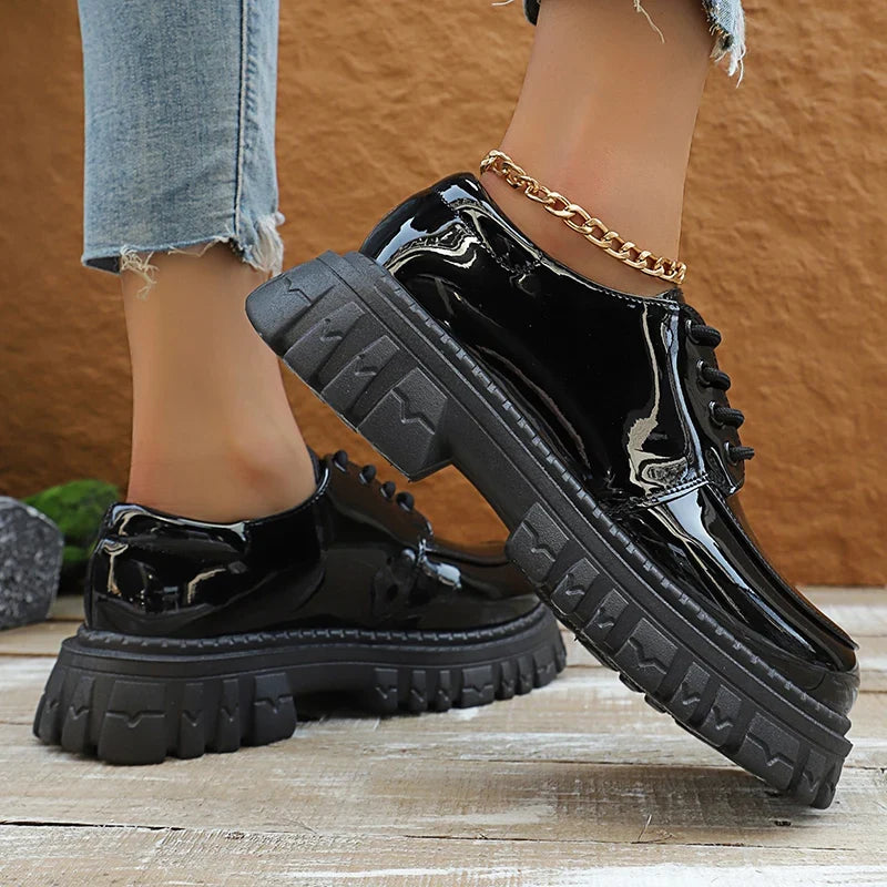Black Patent Leather Platform Loafers Women 2025 Autumn Thick Bottom Pu Leather Shoes Woman Plus Size Lace Up Student Shoes 42