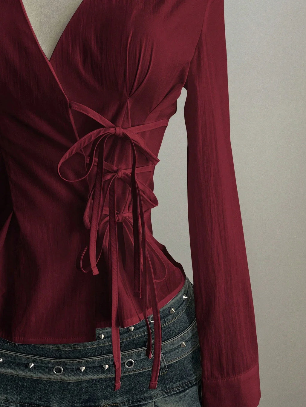 Women's Casual Side Strap Slim Fit Long Sleeve Shirt Sexy V-Neck Pleating Top Spring/Fall 2026