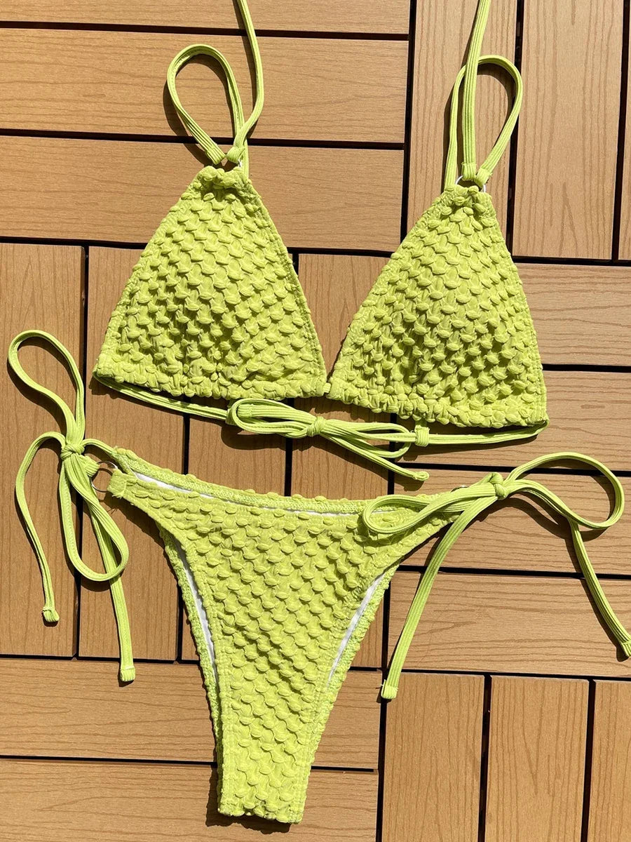 Sexy Wrinkled Strappy Halter Bikini Female Swimsuit Women Swimwear Two-pieces Bikini set Tie Side Bather Bathing Suit Swim Lady