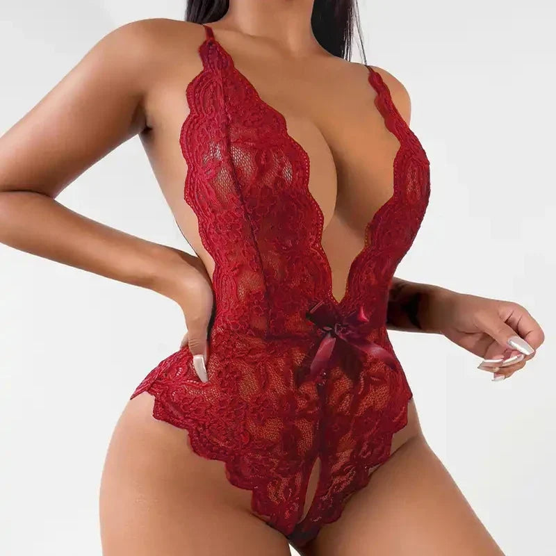 Sexy Crotchless White Lingerie Lace Hollow Bodysuit Erotic Costumes Teddy Babydoll Dress Deep V Open Bra Porn Women's Underwear