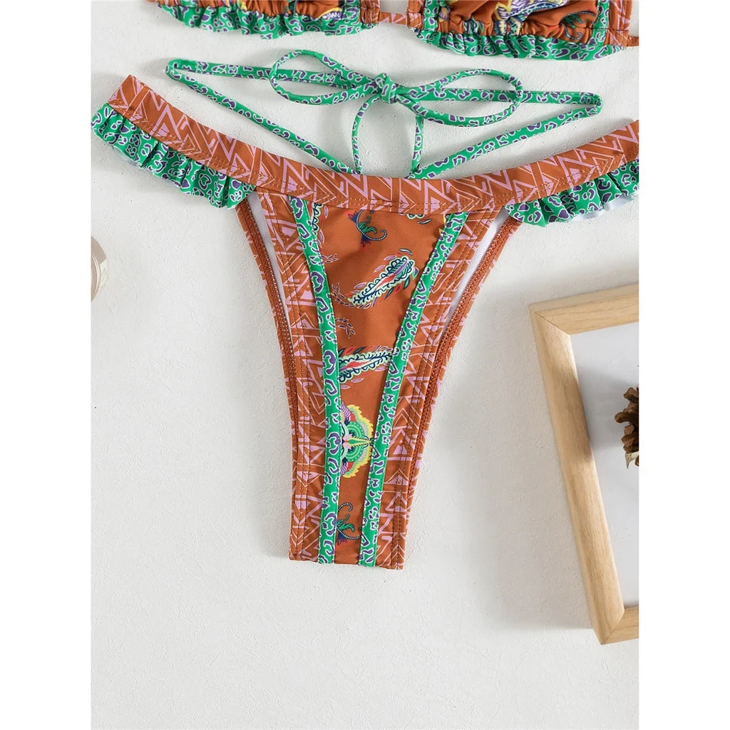 5 Colors Sexy Printed Halter Frilled Bikini Women Swimwear Female Swimsuit Two-Pieces Bikini Set Bather Bathing Suit Swim V4651