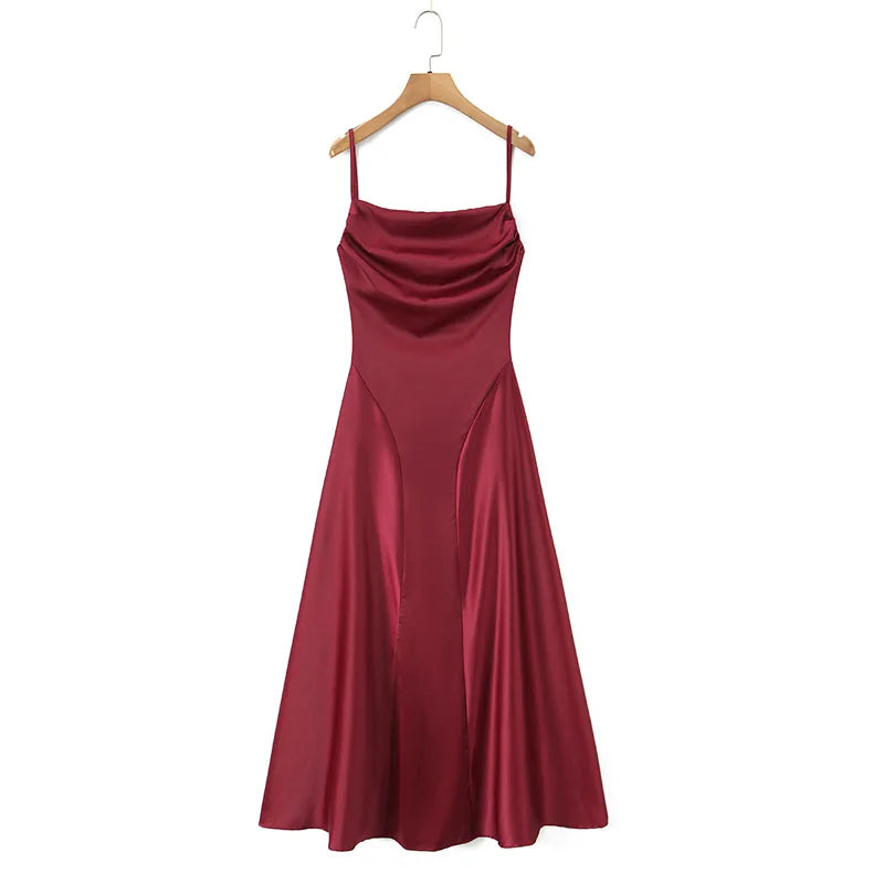 Australian Women's Back-cross-strap Hollow-out Camisole Dress With Chest Pleats Slim-fit Waist And Long Skirt Pure Desire ZJBL